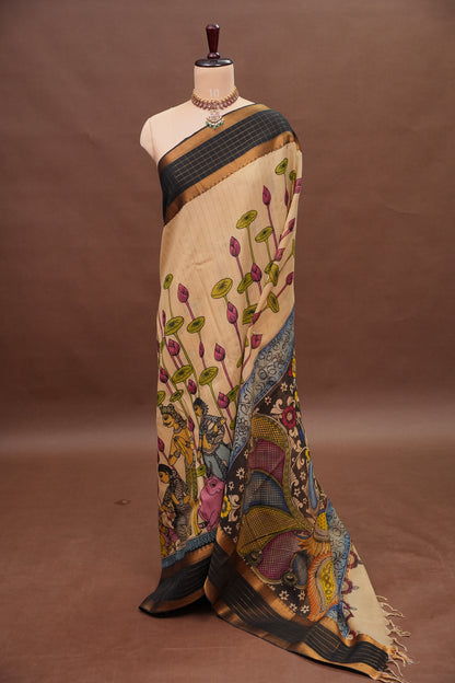 Handpainted Pen Kalamkari Bangalore Silk Saree – Beige & Black