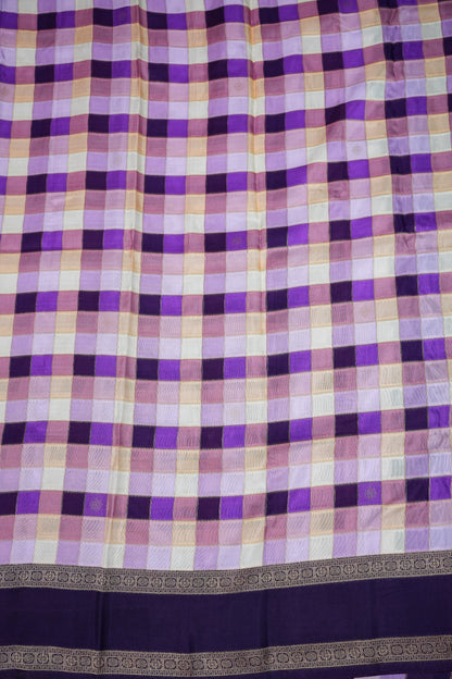 Munga Crepe Silk Saree – Purple Multicolour Checks with Deep Violet Zari Pallu