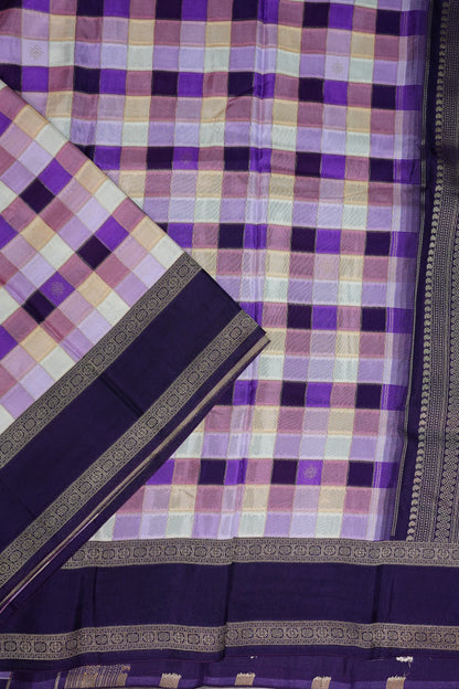 Munga Crepe Silk Saree – Purple Multicolour Checks with Deep Violet Zari Pallu