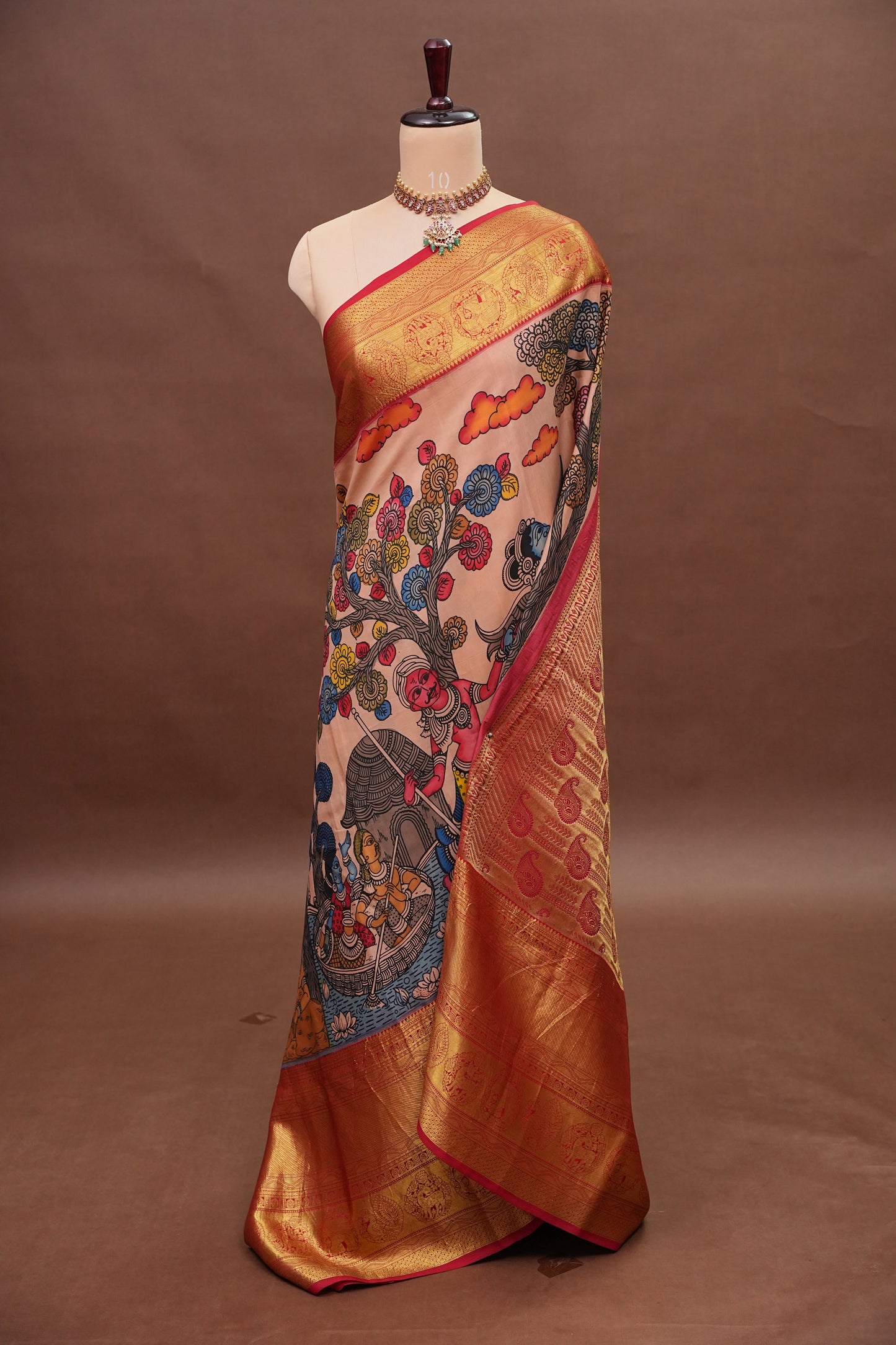 Handpainted Pen Kalamkari Pure Kanchipuram Silk Saree|Silk Mark Certified