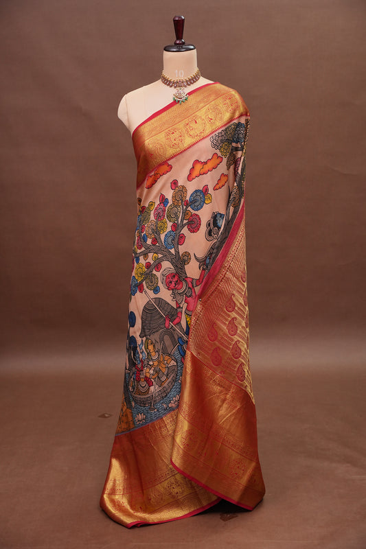 Handpainted Pen Kalamkari Pure Kanchipuram Silk Saree|Silk Mark Certified
