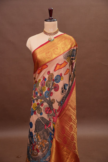 Handpainted Pen Kalamkari Pure Kanchipuram Silk Saree|Silk Mark Certified