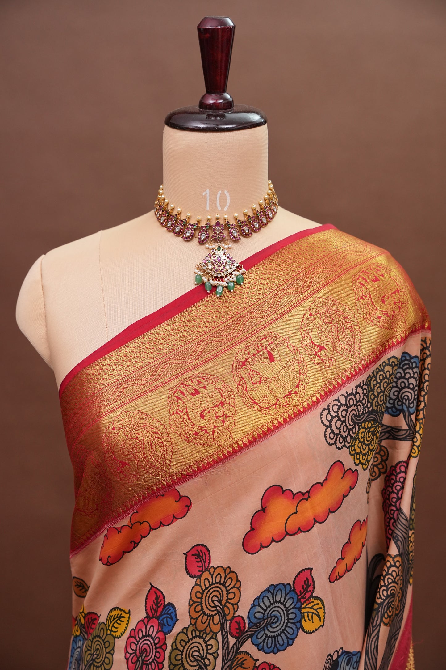 Handpainted Pen Kalamkari Pure Kanchipuram Silk Saree|Silk Mark Certified