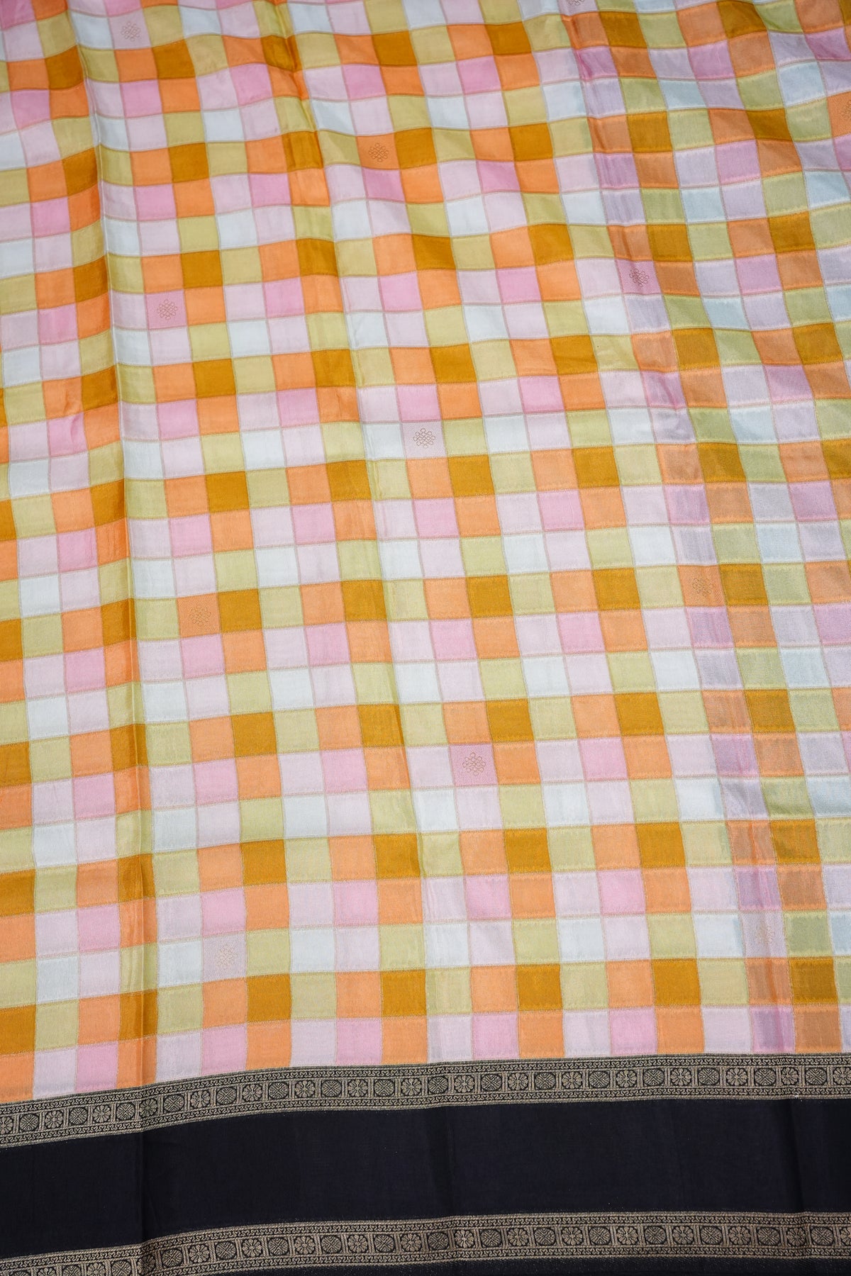 Munga Crepe Silk Saree – Pastel Multicolour Checks with Black Zari Pallu