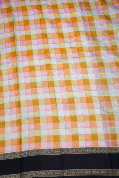 Munga Crepe Silk Saree – Pastel Multicolour Checks with Black Zari Pallu