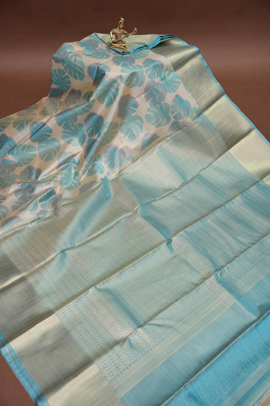 Digital Printed Semi Silk Saree – Ivory with Aqua Blue