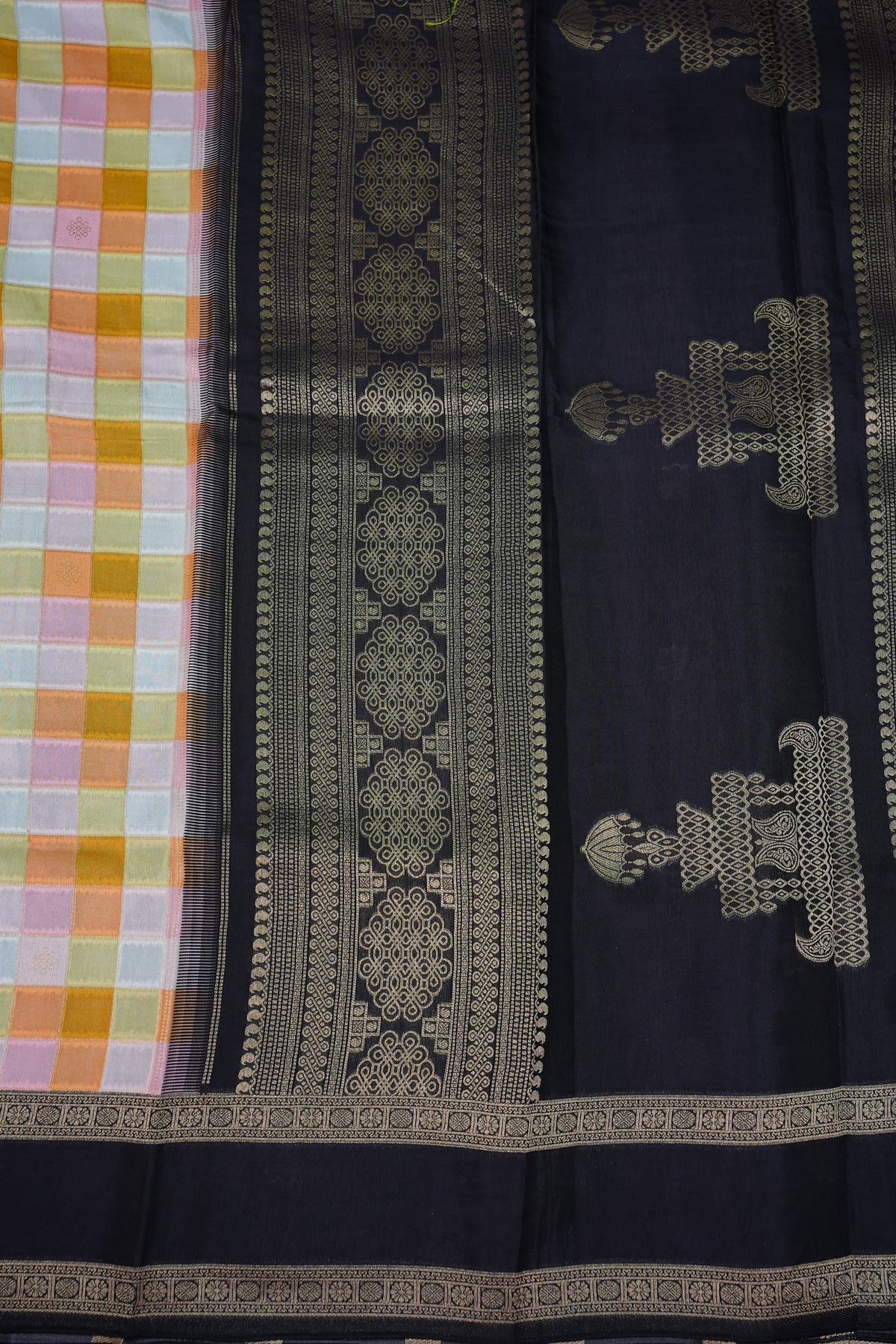 Munga Crepe Silk Saree – Pastel Multicolour Checks with Black Zari Pallu