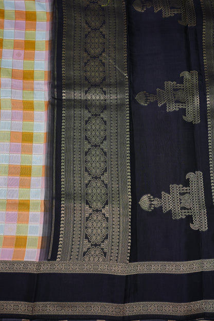 Munga Crepe Silk Saree – Pastel Multicolour Checks with Black Zari Pallu