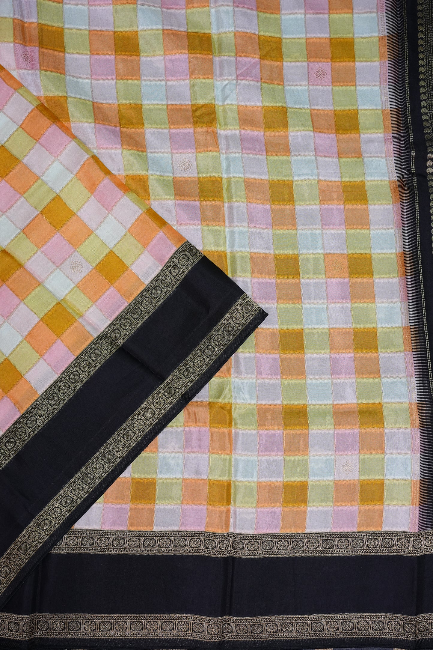 Munga Crepe Silk Saree – Pastel Multicolour Checks with Black Zari Pallu