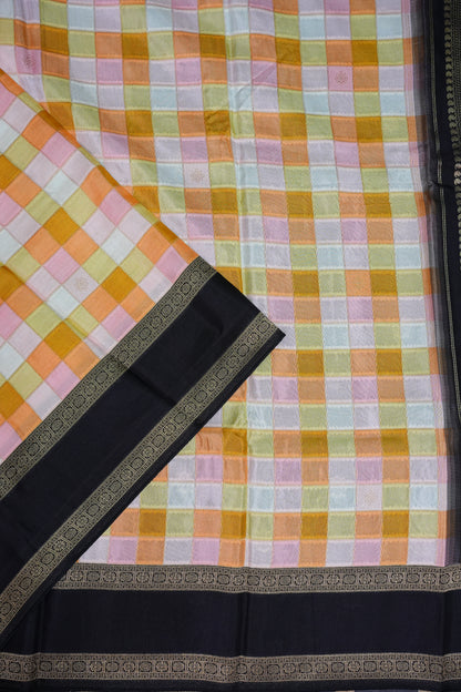 Munga Crepe Silk Saree – Pastel Multicolour Checks with Black Zari Pallu