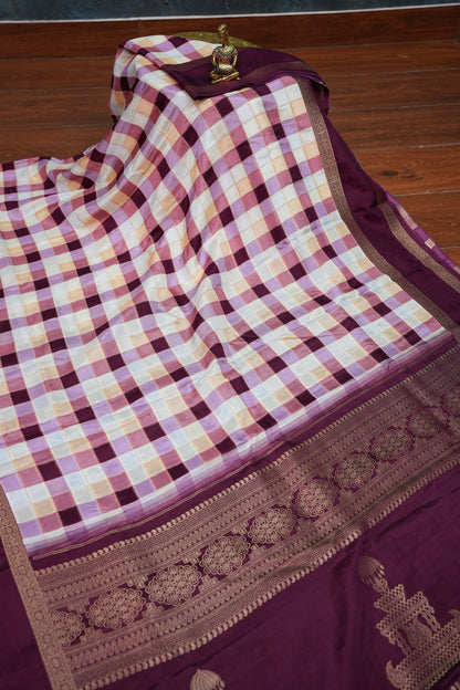 Munga Crepe Silk Saree – Pastel Multicolour Checks with Plum Purple Zari Pallu