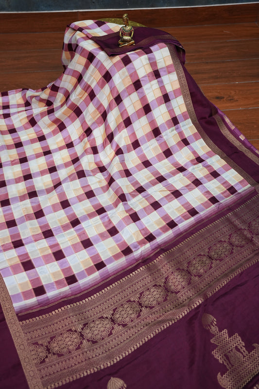 Munga Crepe Silk Saree – Pastel Multicolour Checks with Plum Purple Zari Pallu