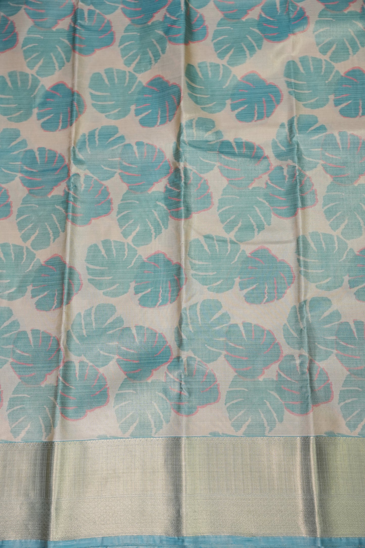Digital Printed Semi Silk Saree – Ivory with Aqua Blue
