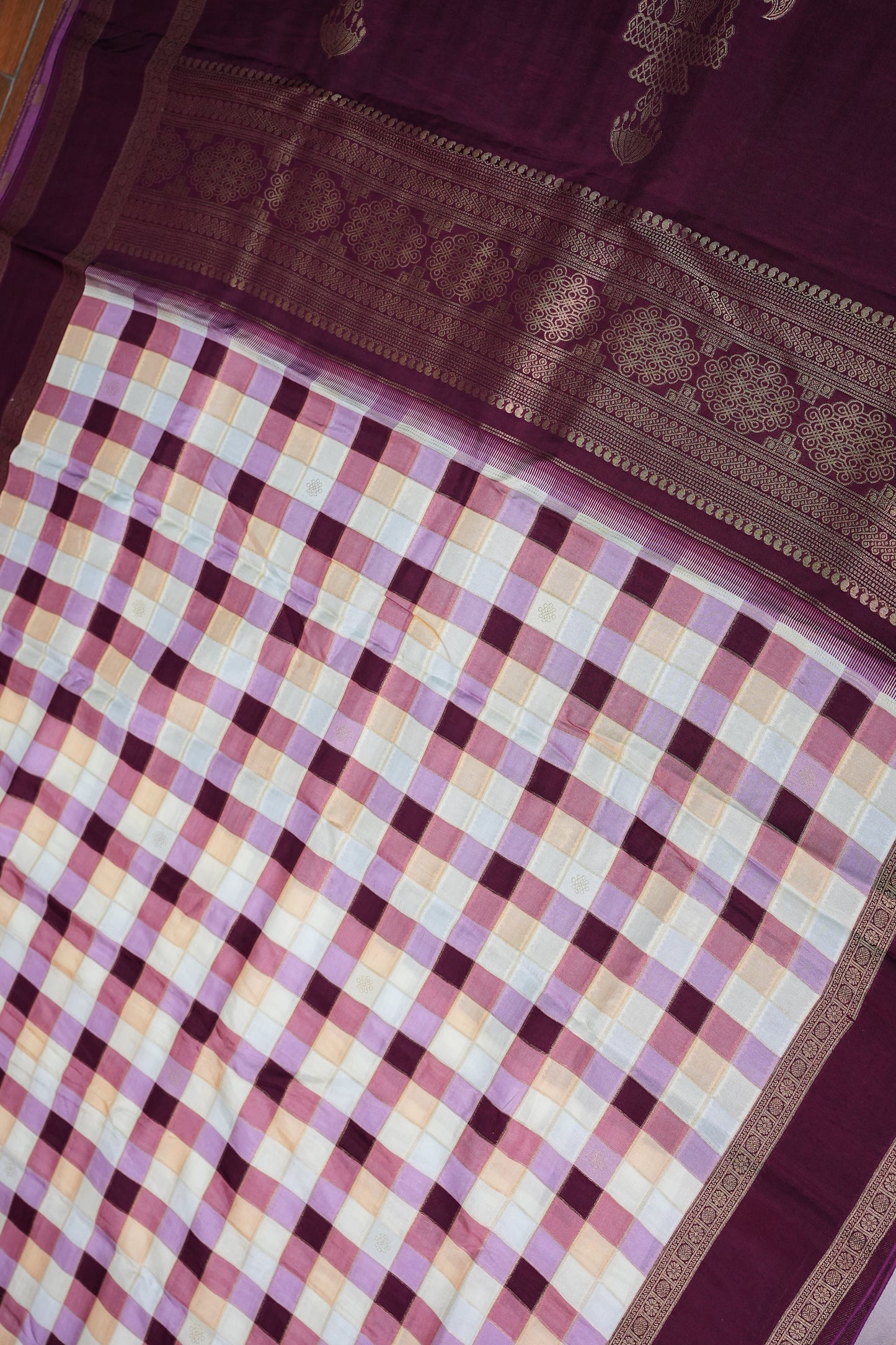 Munga Crepe Silk Saree – Pastel Multicolour Checks with Plum Purple Zari Pallu