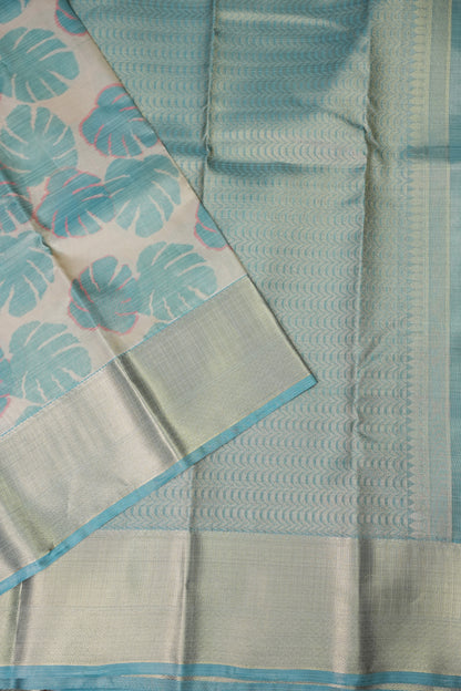 Digital Printed Semi Silk Saree – Ivory with Aqua Blue