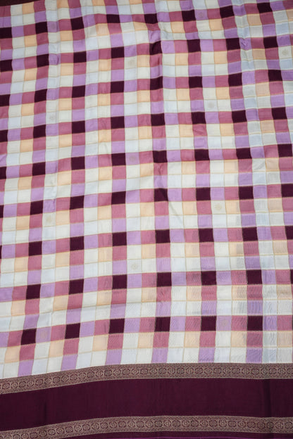 Munga Crepe Silk Saree – Pastel Multicolour Checks with Plum Purple Zari Pallu