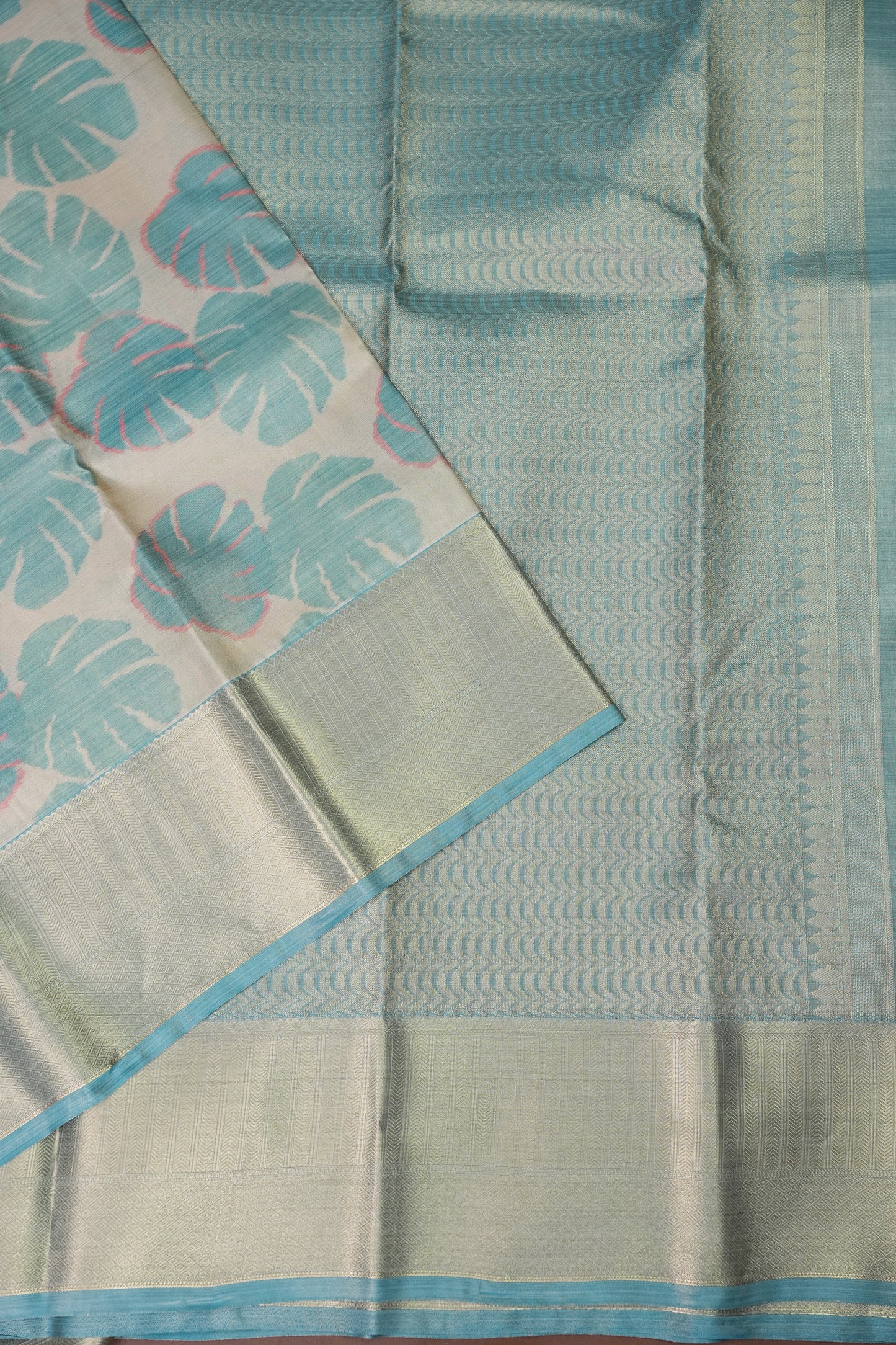 Digital Printed Semi Silk Saree – Ivory with Aqua Blue