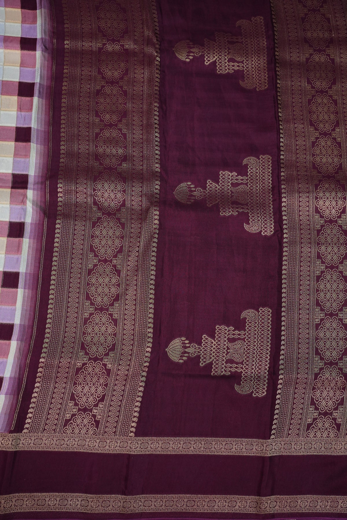 Munga Crepe Silk Saree – Pastel Multicolour Checks with Plum Purple Zari Pallu