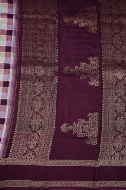 Munga Crepe Silk Saree – Pastel Multicolour Checks with Plum Purple Zari Pallu
