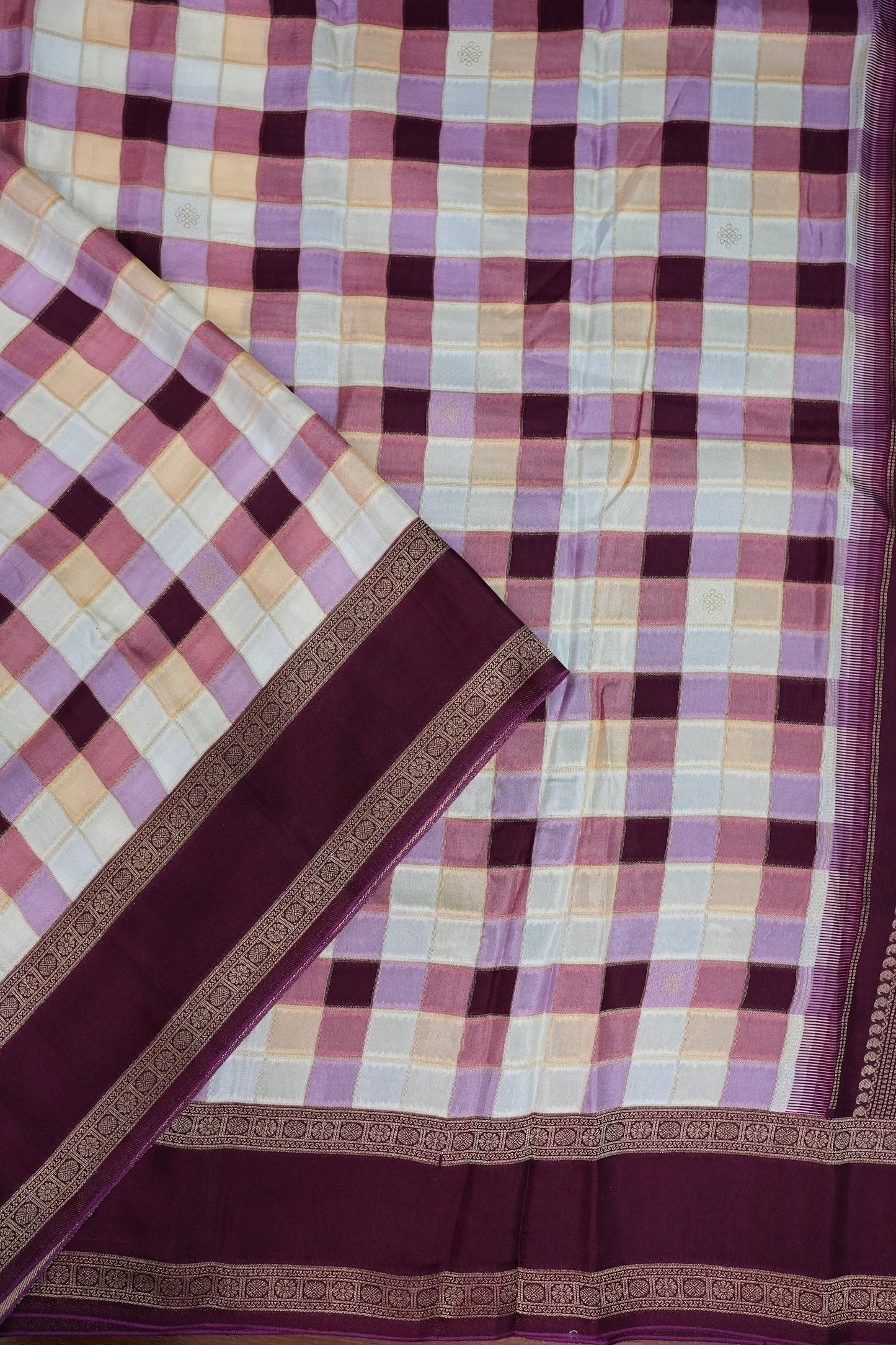 Munga Crepe Silk Saree – Pastel Multicolour Checks with Plum Purple Zari Pallu