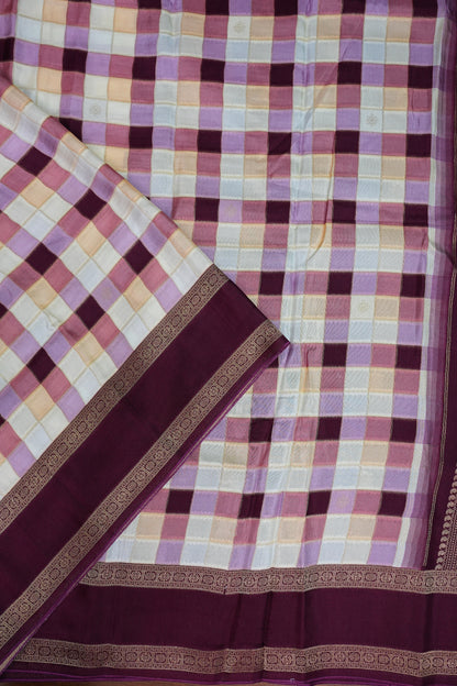 Munga Crepe Silk Saree – Pastel Multicolour Checks with Plum Purple Zari Pallu