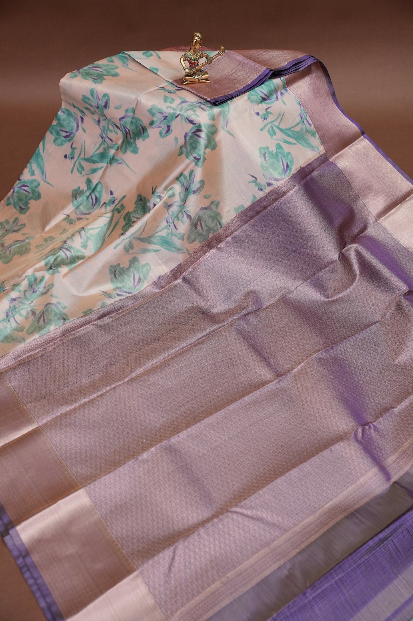 Digital Printed Semi Silk Saree - Ivory with Teal