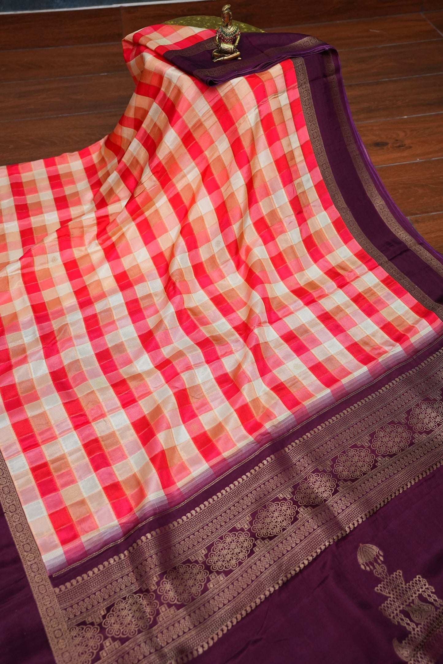 Munga Crepe Silk Saree – Multicolour Checks with Plum Purple Zari Pallu