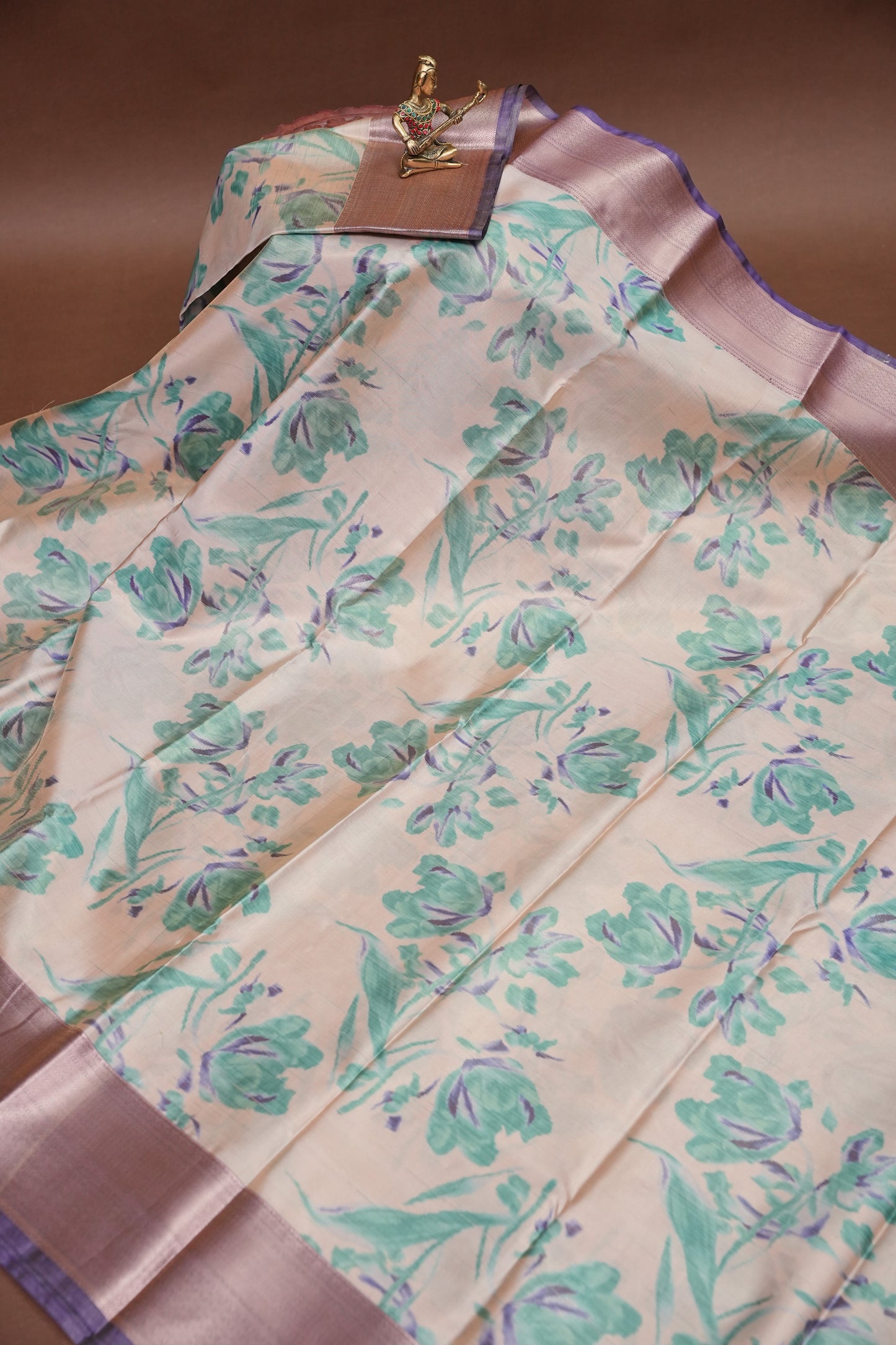 Digital Printed Semi Silk Saree - Ivory with Teal