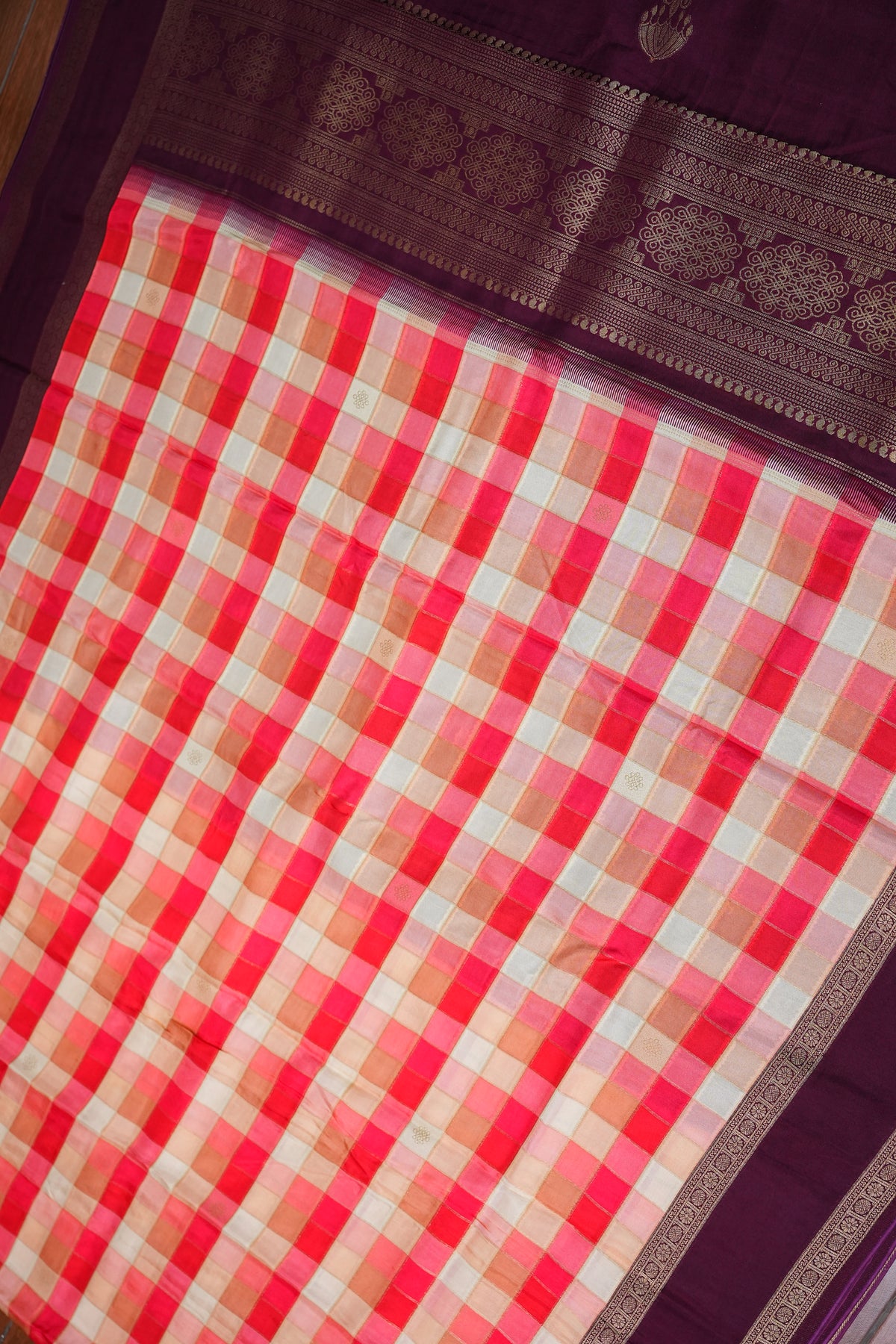 Munga Crepe Silk Saree – Multicolour Checks with Plum Purple Zari Pallu