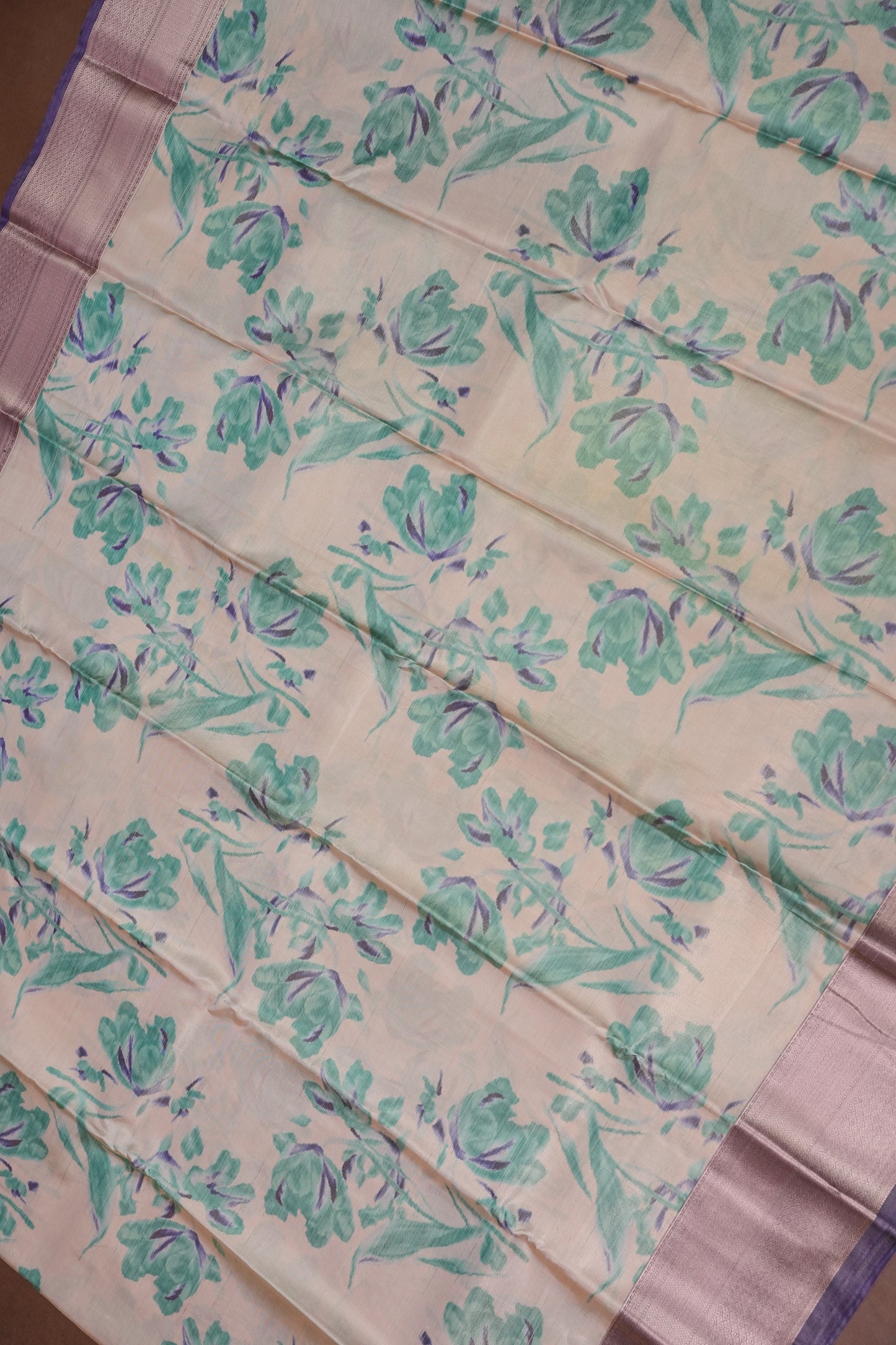 Digital Printed Semi Silk Saree - Ivory with Teal