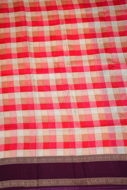 Munga Crepe Silk Saree – Multicolour Checks with Plum Purple Zari Pallu