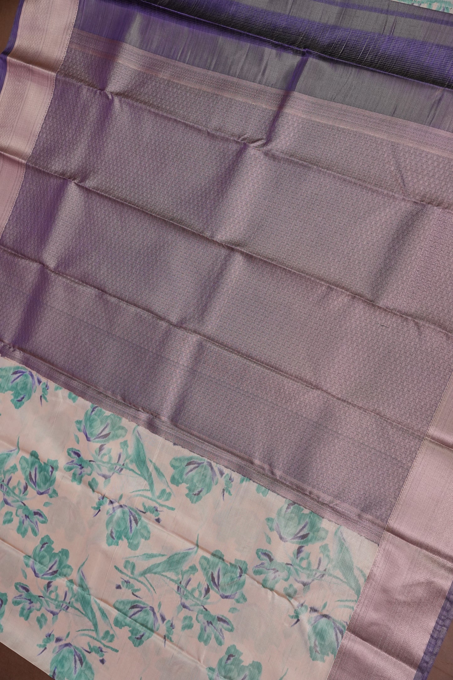Digital Printed Semi Silk Saree - Ivory with Teal