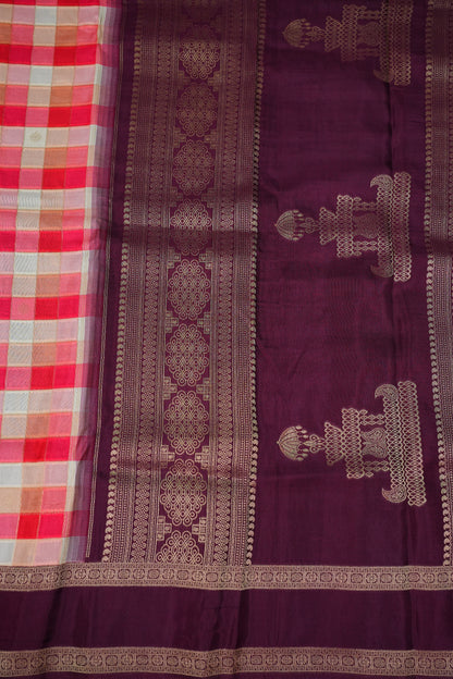 Munga Crepe Silk Saree – Multicolour Checks with Plum Purple Zari Pallu