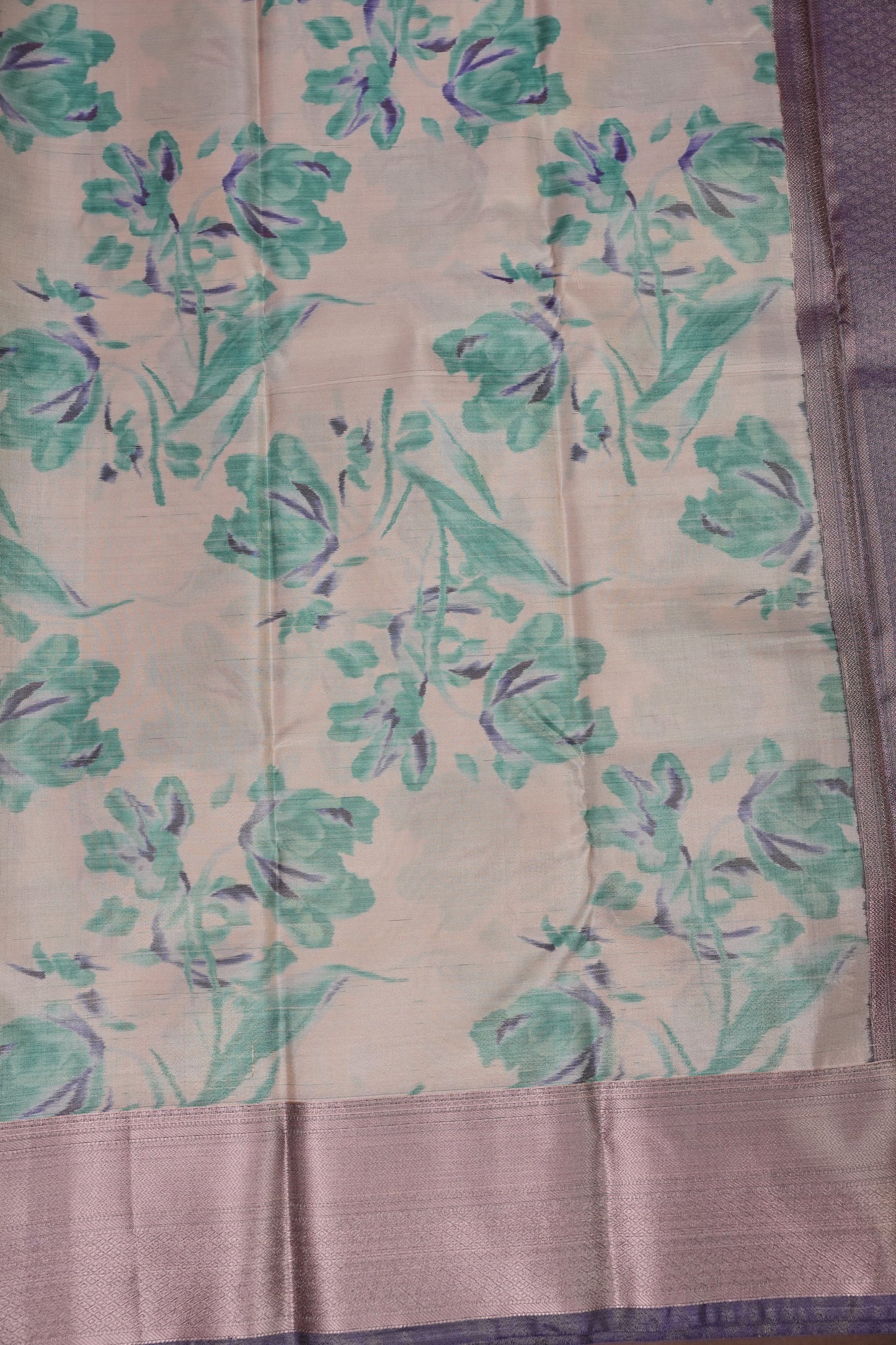 Digital Printed Semi Silk Saree - Ivory with Teal