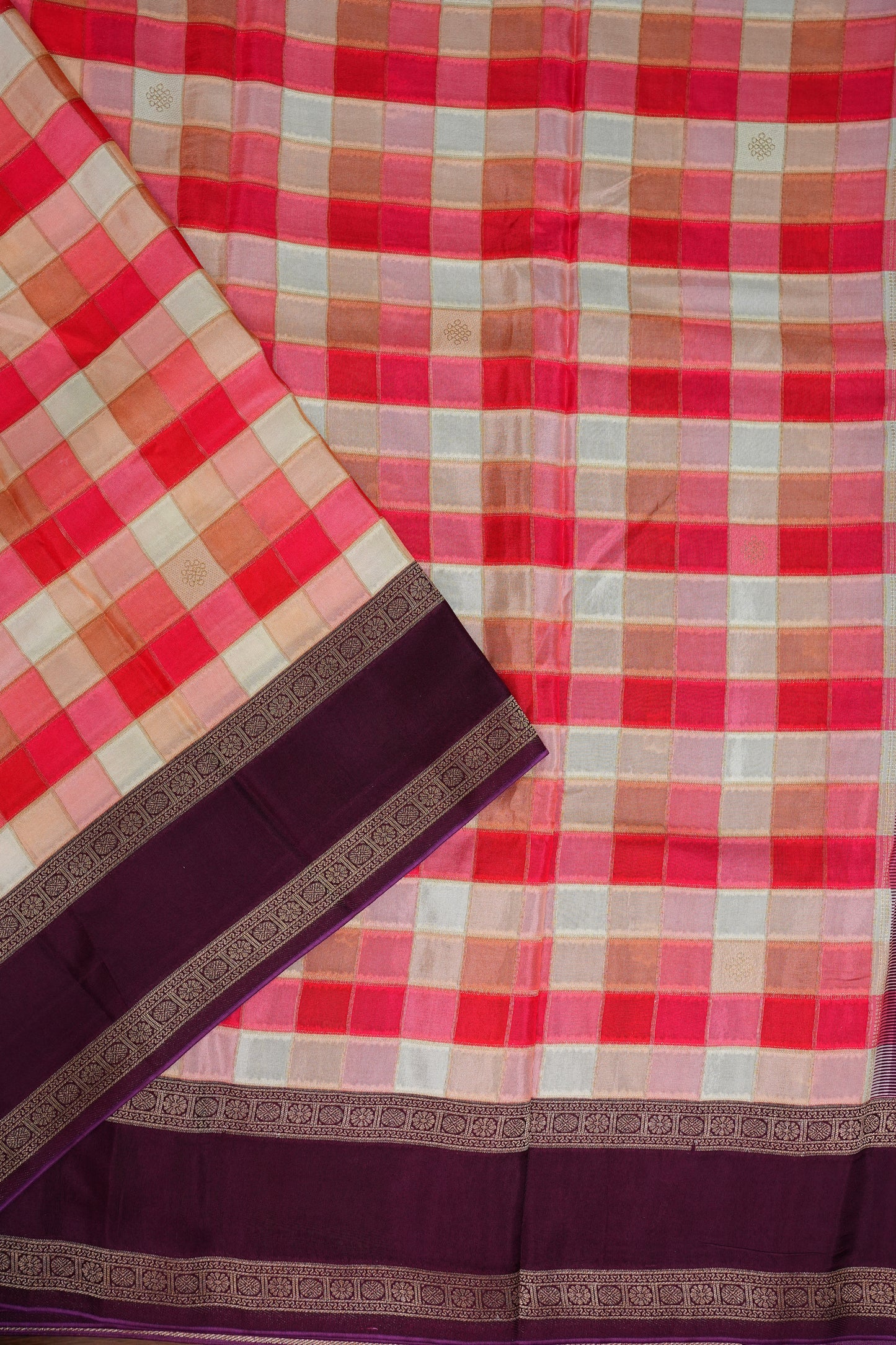 Munga Crepe Silk Saree – Multicolour Checks with Plum Purple Zari Pallu