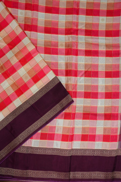 Munga Crepe Silk Saree – Multicolour Checks with Plum Purple Zari Pallu