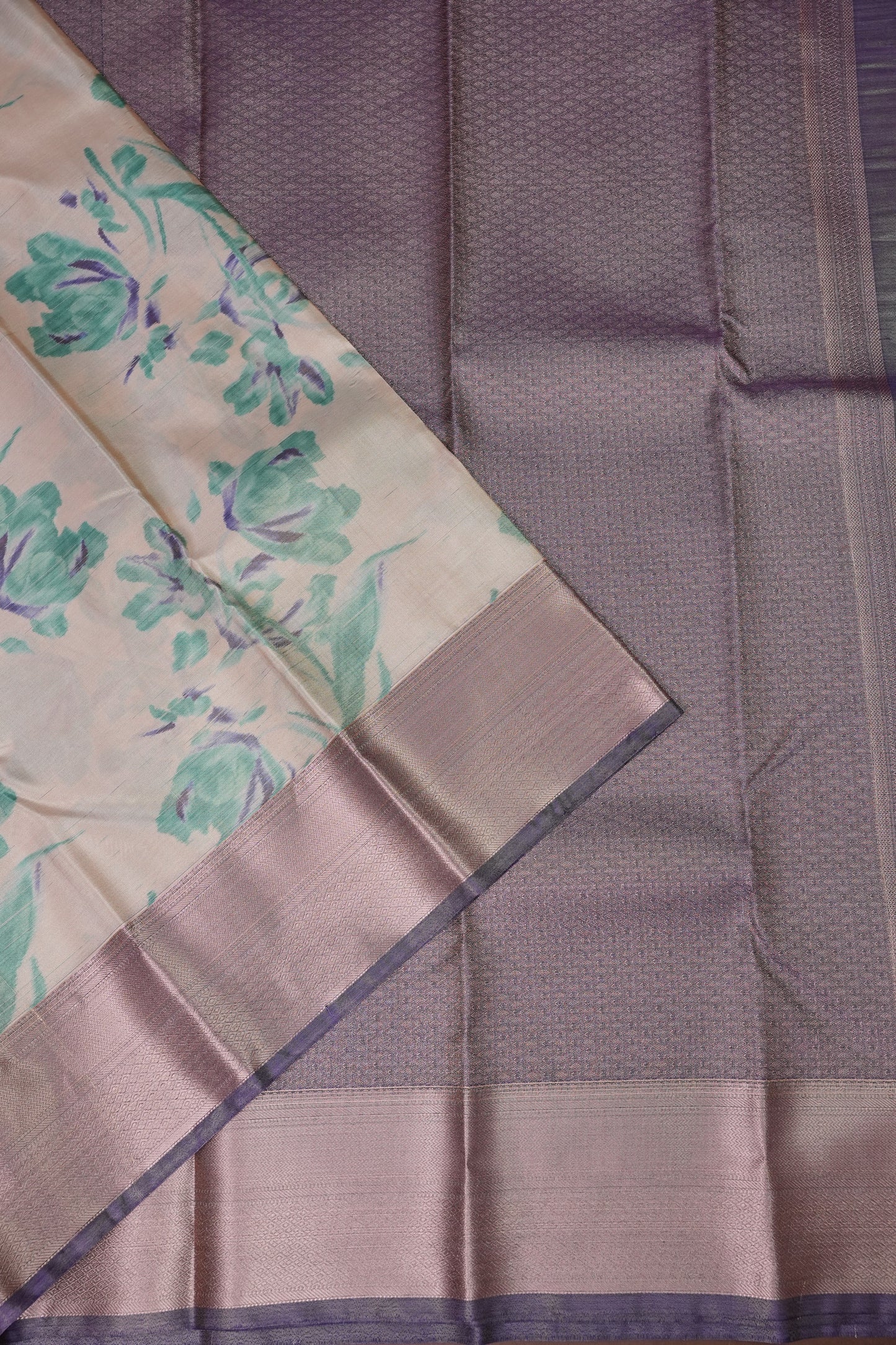 Digital Printed Semi Silk Saree - Ivory with Teal