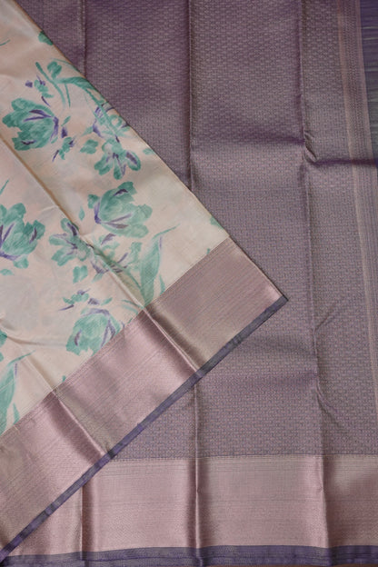 Digital Printed Semi Silk Saree - Ivory with Teal