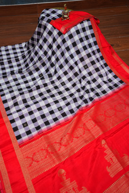 Munga Crepe Silk Saree – Black & White Checks with Red Zari Pallu