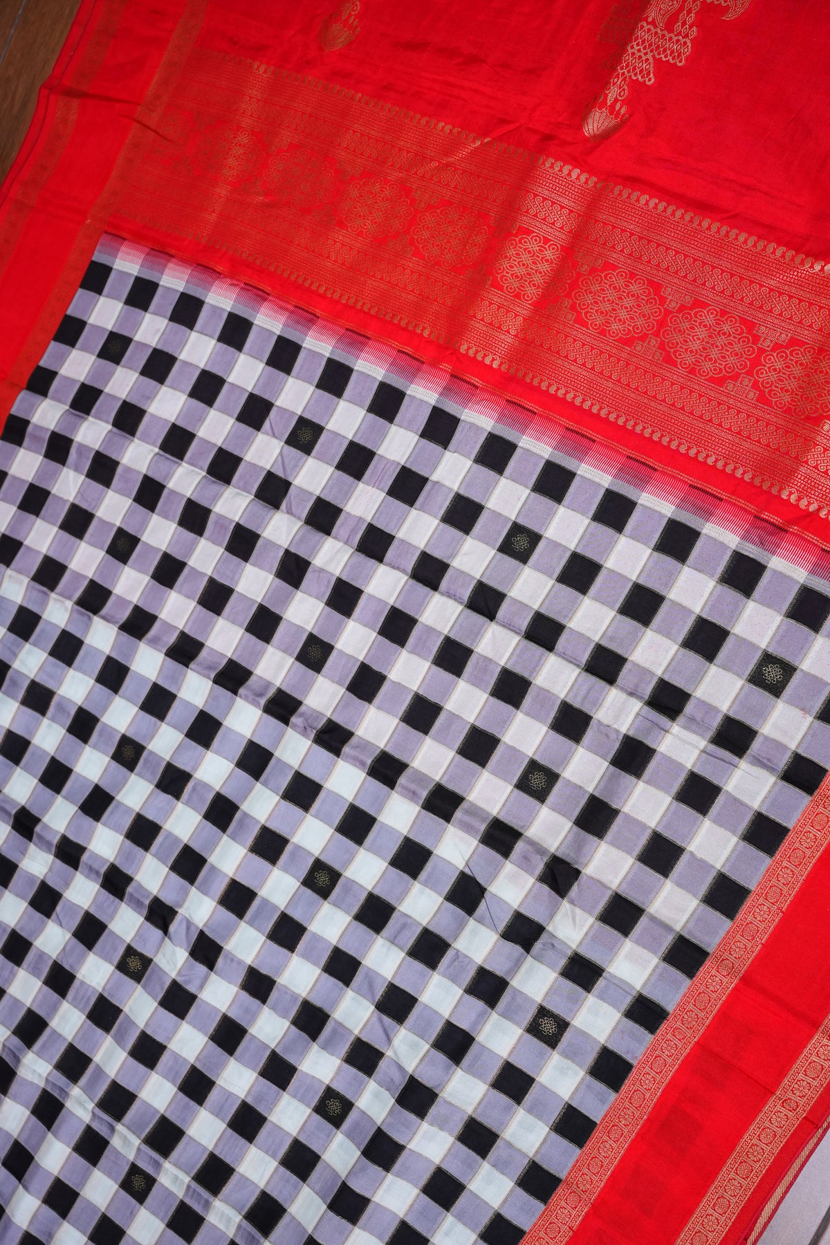 Munga Crepe Silk Saree – Black & White Checks with Red Zari Pallu