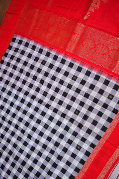 Munga Crepe Silk Saree – Black & White Checks with Red Zari Pallu