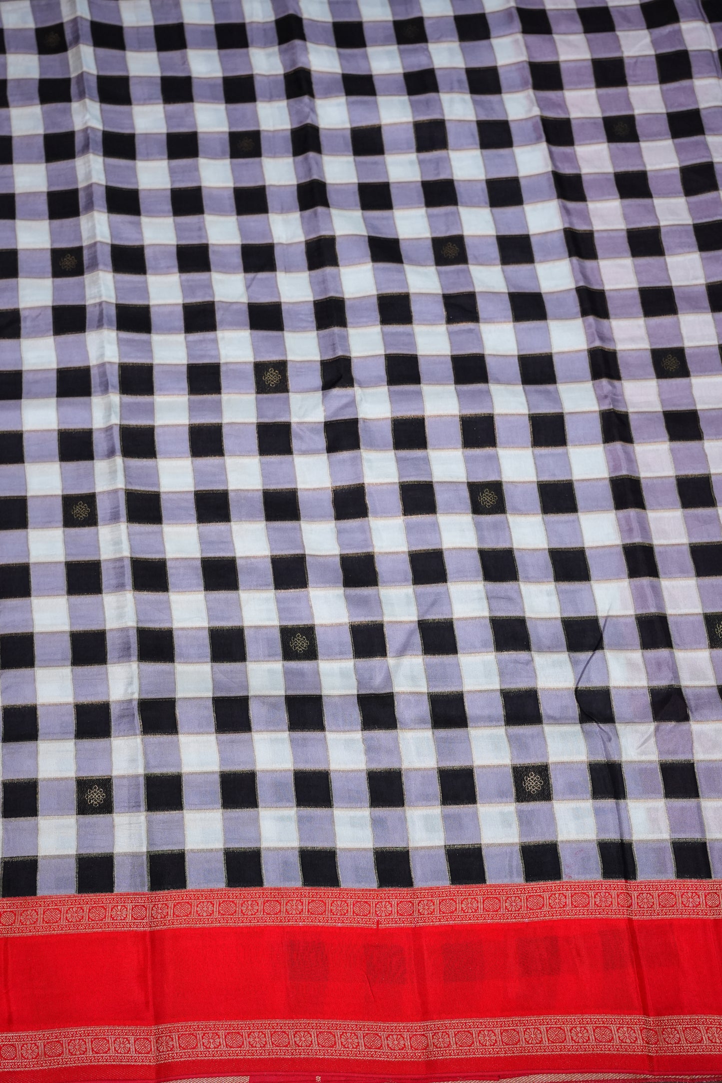 Munga Crepe Silk Saree – Black & White Checks with Red Zari Pallu