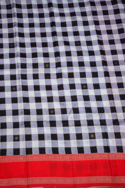 Munga Crepe Silk Saree – Black & White Checks with Red Zari Pallu