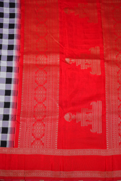 Munga Crepe Silk Saree – Black & White Checks with Red Zari Pallu