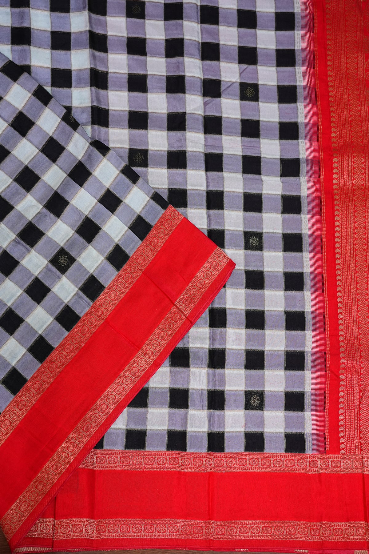Munga Crepe Silk Saree – Black & White Checks with Red Zari Pallu