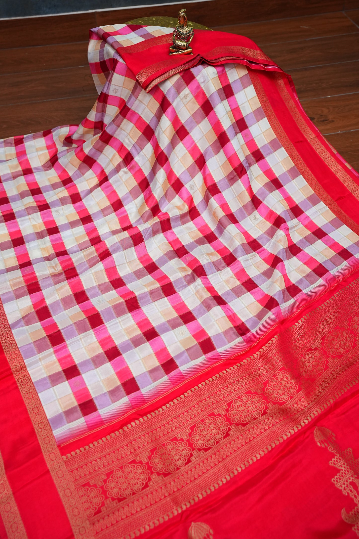 Munga Crepe Silk Saree – Multicolour Checks with Red Zari Pallu