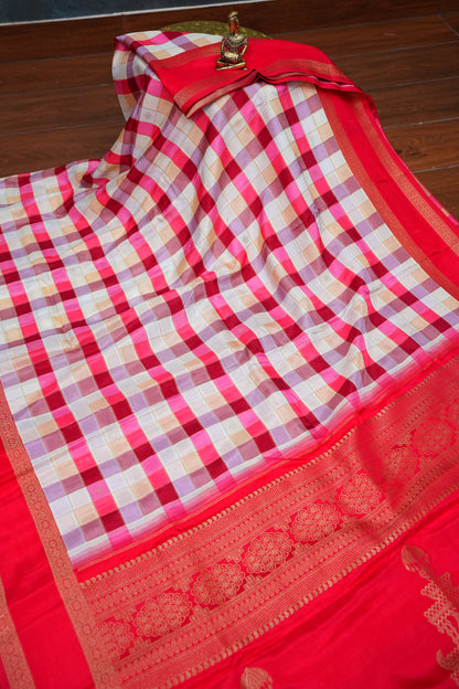 Munga Crepe Silk Saree – Multicolour Checks with Red Zari Pallu