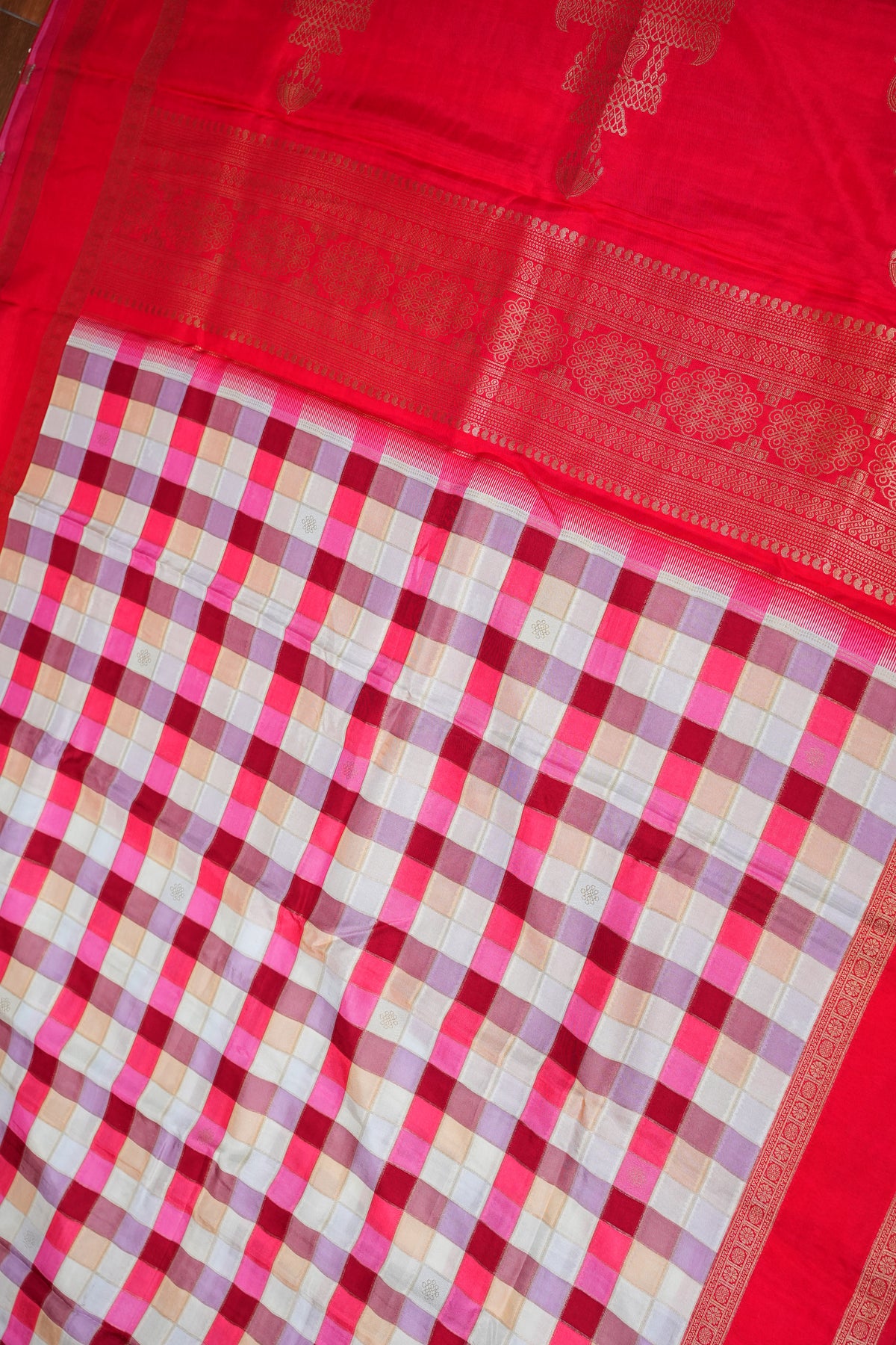 Munga Crepe Silk Saree – Multicolour Checks with Red Zari Pallu