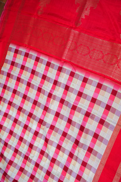 Munga Crepe Silk Saree – Multicolour Checks with Red Zari Pallu
