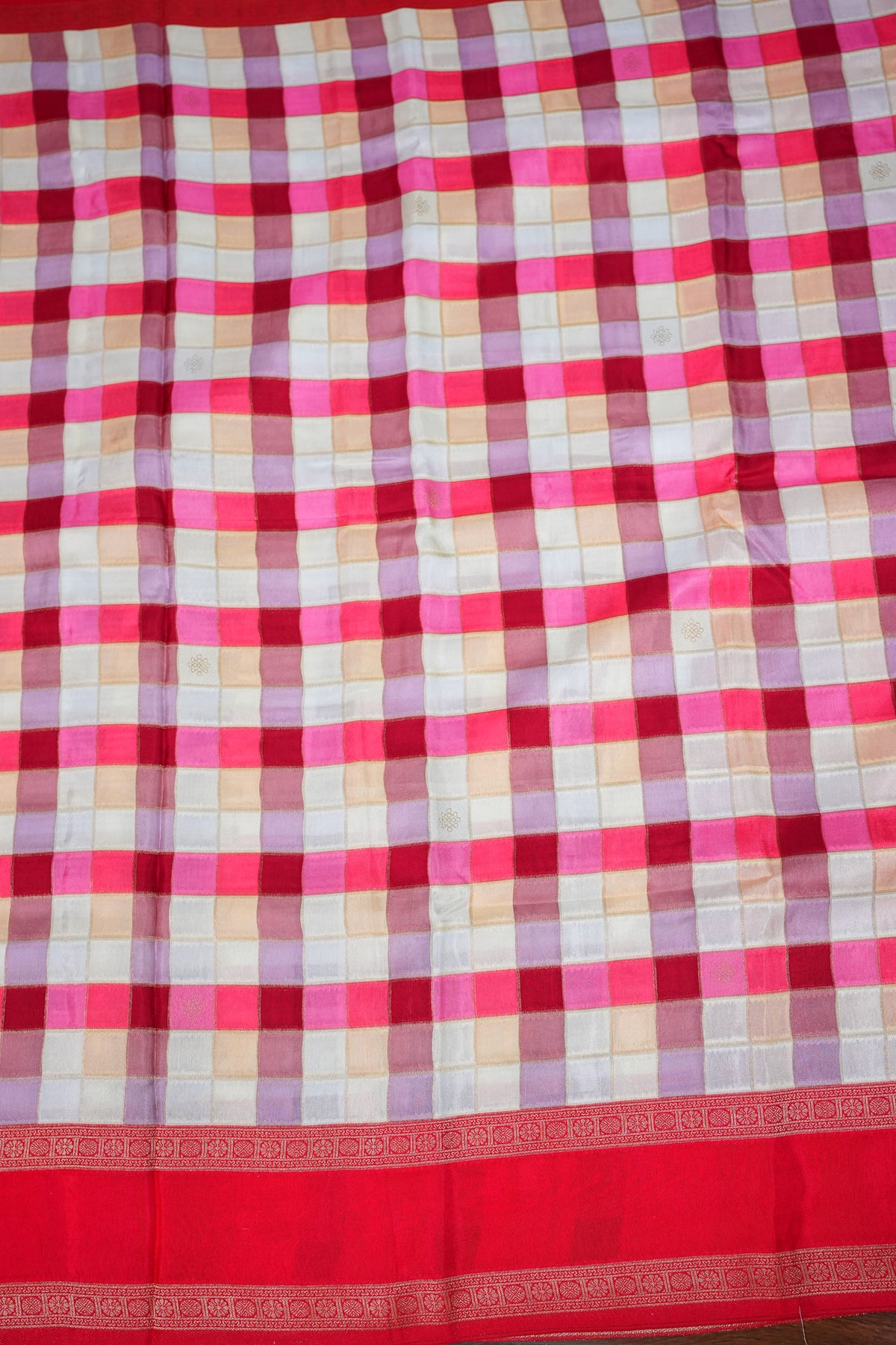Munga Crepe Silk Saree – Multicolour Checks with Red Zari Pallu
